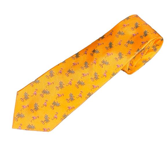 Tango Mens Neck Tie Golden Yellow Palm Trees & Flamingo Theme SILK? - Picture 2 of 5